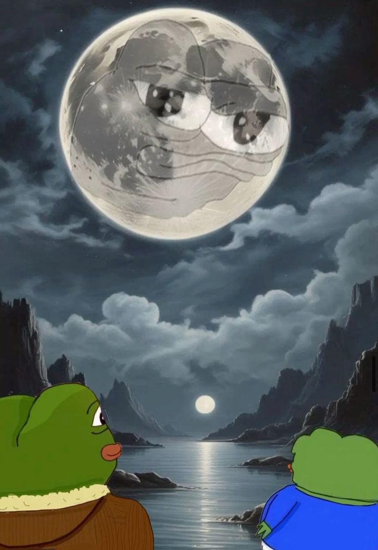 Two Apus watching an Apu-faced moon over water